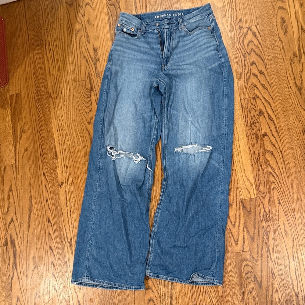 American Eagle Outfitters Light Blue Wide-Leg Jeans with Knee Rips
